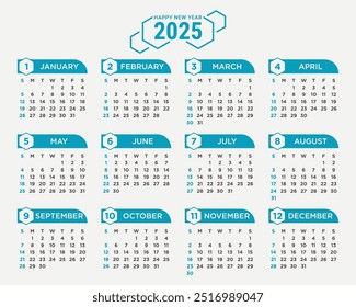 Plantilla de diseño de calendario de escritorio de una página 2025. La semana comienza el lunes.