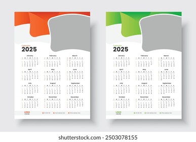 2025 One page wall calendar design template, Minimalist style calendar, Week starts on Sunday.