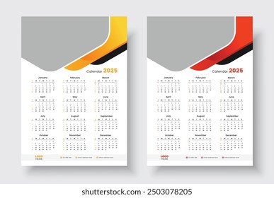2025 One page wall calendar design template, Minimalist style calendar, Week starts on Sunday.