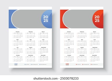 2025 One page wall calendar design template, Minimalist style calendar, Week starts on Sunday.