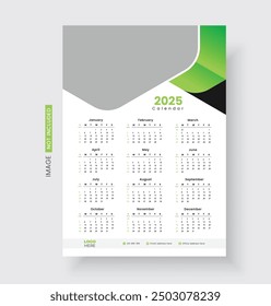 2025 One page wall calendar design template, Minimalist style calendar, Modern 12 months one page calendar.