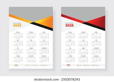 2025 One page wall calendar design template, Minimalist style calendar, Week starts on Sunday.