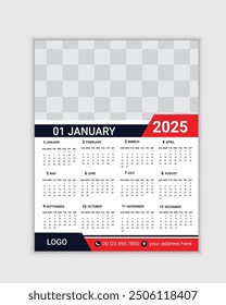 2025 one page wall calendar design template, Print ready, Elegant Design