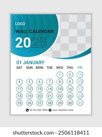 2025 one page wall calendar design template, Print ready, Elegant Design