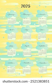 2025 one-page calendar with clouds and doodles on blue-yellow background. Weeks start on Sunday. Vector illustration for playroom