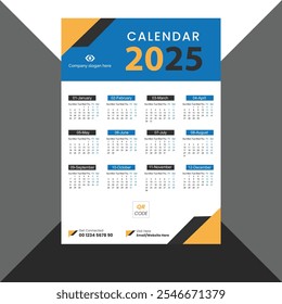 2025 one-page New Year colourful wall calendar design template
