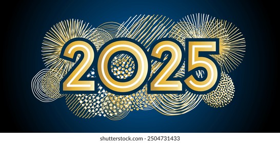 2025 - Original and elegant banner, gold and midnight blue, to celebrate the new year, with numbers superimposed on round fancy shapes.