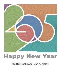 Concepto de estilo de números superpuestos 2025 con huecos a rayas y letras de logotipo de feliz año Nuevo - Elementos de Colores arcoíris sobre fondo blanco - Vector Diseño gráfico mixto
