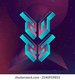 2025 party. Futuristic design poster with abstract elements in dark space. Figures and neon numbers levitating in outer space. Illustration applicable for covers, placards, music posters and dj flyers