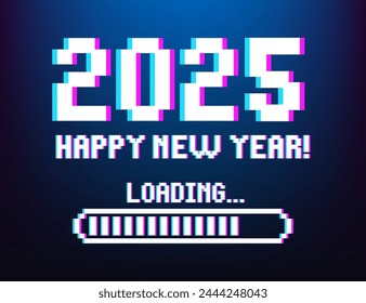 2025 Pixel Art Banner für Neues Jahr. 2025 Zahlen in 8-Bit-Retro-Spiele-Stil und Ladebar. Pixelated glückliches Neues Jahr und fröhliche Weihnachtsmusiken. Pixelierter Fortschrittsbalken, der den Ladevorgang anzeigt. Vektorillustration