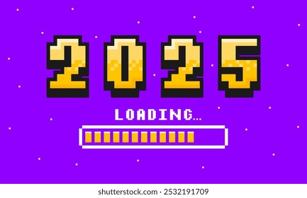 2025 pixel art banner for New Year. 2025 numbers in 8-bit retro games style and loading bar. Pixelated happy New Year and Merry Christmas holiday card or banner. Vector illustration.