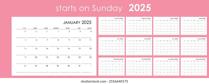 2025 planner calendar with blank copy space, starts on Sunday, simple template