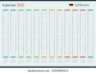 2025 planner calendar. Wall organizer, annual one page, German