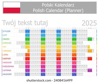 2025 Polish Planner Calendar with Horizontal Months on white background