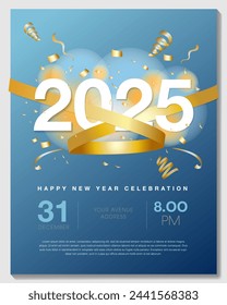 2025 poster design template, gold ribbon with blue background , 2025 happy new year template for poster, invitation, greeting, calendar, happy new year 2025 celebration