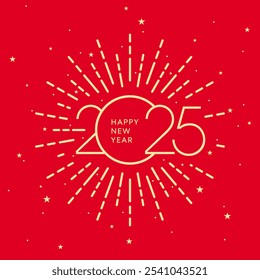 2025 poster, gold fireworks on red background, vector card