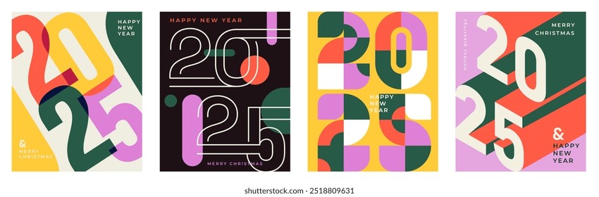 2025 posters set. New Year and Christmas covers and flyers. Winter holidays and festivals, Noel Eve. Booklet and brochure template. Flat vector collection isolated on white background