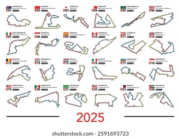 2025 racing tracks calendar, isolated circuits and flags on the light background