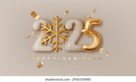 2025 Realistic 3d number with golden snowflake. Happy New Year and Merry Christmas 2025 greeting card.