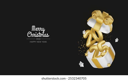 2025 Realistic glossy number with gold gift box. Happy New Year and Merry Christmas 2025. Greeting card. Vector 3d rendering.