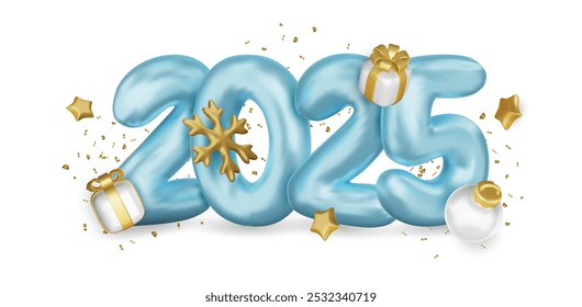 2025 Realistic glossy number with gold gift box. Happy New Year and Merry Christmas 2025. Greeting card. Vector 3d rendering.