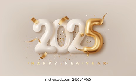 2025 Realistic Gold metal 3d number. Happy New Year and Merry Christmas 2025. Greeting card template