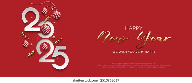 2025 Realistic number which is a Gift Box. Merry Christmas and New Year 2025 greeting card with Holiday background.