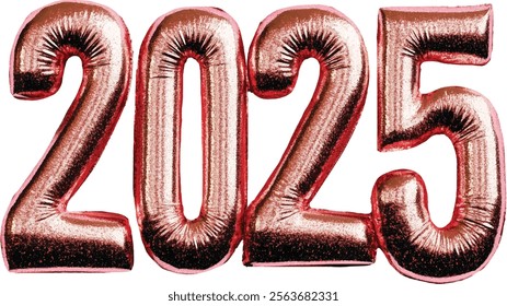 2025 Realistic Rose Gold Foil Balloons Numbers. Happy New Year greeting card. Vector illustration isolated on transparent background. Shiny pink golden clip art for holiday decorations