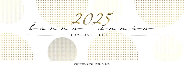 2025 - Tarjeta de felicitación refinada del año Nuevo o Anuncio con tipografía francesa escrita a mano sobre un fondo blanco decorado con una forma de escotilla redonda - traducción: Feliz año Nuevo, Días festivos felices.