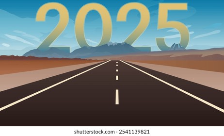 2025 road perspective with cloudy sky. 2025 behind the mountain of empty asphalt road and beautiful blue sky. Concept for vision year 2025. hope and optimism new year concept. 