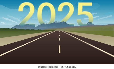 2025 perspectiva de estrada com céu nublado. 2025 atrás da montanha de asfalto vazio estrada e belo céu azul. Conceito para ano de visão 2025. conceito de ano novo de esperança e otimismo. 