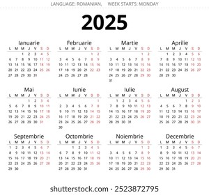 2025 romanian calendar. Printable, editable vector illustration for Romania and Moldova. 12 months year calendars