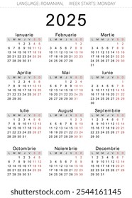 calendário romeno 2025. Ilustração vetorial imprimível e editável para a Romênia e Moldávia. 12 meses ano calendários