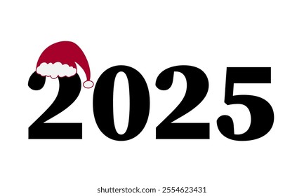2025 with Santa hat. Christmas typography poster. Vector template for banner, sign, greeting card, invitation, etc