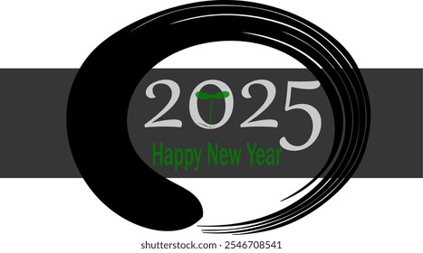 2025 with a seedling sprout inside, happy new year green text below, a grey square through a Ensō, a sacred Zen Buddhism symbol “The Circle of Enlightenment