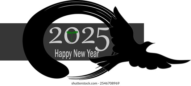 2025 with a seedling sprout inside,  white colored happy new year, a grey square through a Ensō, a sacred Zen Buddhism symbol “The Circle of Enlightenment and a dove flying away upwards