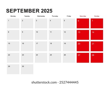 2025 September planner calendar design. Week starts from Monday. Vector illustration.