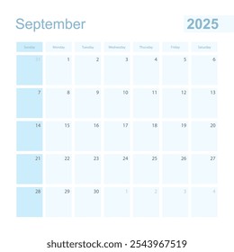 Planificador de pared de septiembre de 2025 en color azul, la semana comienza el domingo. Calendario para septiembre de 2025 con día del mes anterior y del mes siguiente.