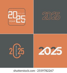 2025 Set, New year logo set of 25 in black and white, happy new year 2025, new year celebration, 2025 new collection