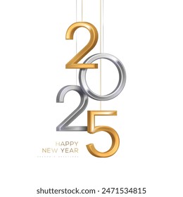 2025 silver and gold numbers hanging on white background. Vector illustration. Minimal logo invitation design for Merry Christmas and Happy New Year. Winter holiday poster brochure voucher