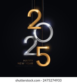 2025 silver and gold numbers hanging on black background. Vector illustration. Minimal logo invitation design for Merry Christmas and Happy New Year. Winter holiday poster brochure voucher