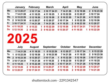 2025 simple horizontal pocket calendar grid template isolated on white vector. Page blank illustration