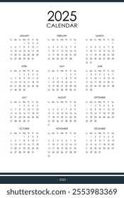 2025 simple international one page calendar, week starts on Sunday, English
