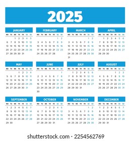 2025 Simple vector calendar. Weeks start on Monday