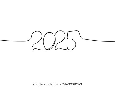 2025, single line drawing, one hand drawn, lineart lettering new year. Vector illustration isolated white background