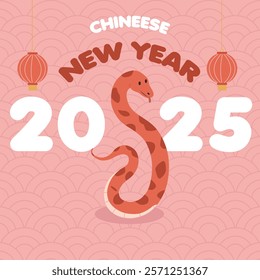 2025 snake and Cute Chinese new year illustration poster.Chinese New Year,Happy New Year,double happiness,fortune,snake,Good luck,Great luck in the year of the snake