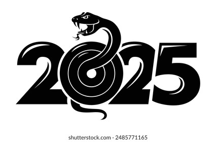 2025 Snake logo design. Chinese New Year 2025. Attacking snake from the number 2025. Monochrome editable vector on transparent background