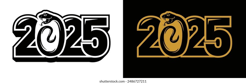 2025 Snake logo design. Chinese New Year 2025. Attacking snake from the number 2025. Monochrome editable vector on transparent and black background