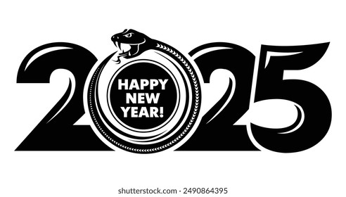 2025 Snake logo design. Chinese New Year 2025. The snake eats its own tail with number 2025. Ouroboros sign. Monochrome editable vector on transparent background