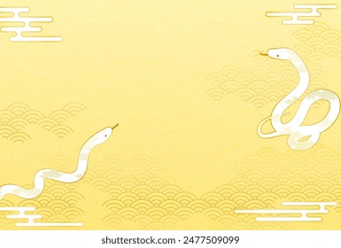 2025 Snake New Year's greeting card with two Snakes on Japanese Pattern background, Vector Illustration